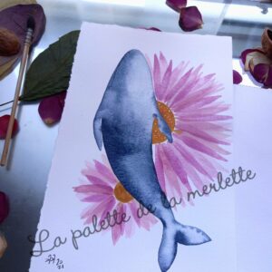 Aquarelle cadeau d'une baleine en fleur