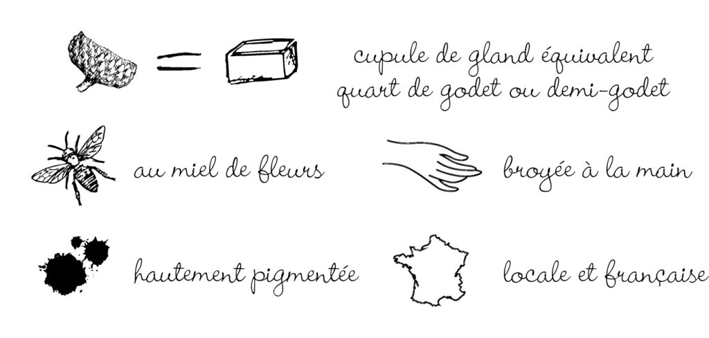 Cupule de gland format quart de godet d'aquarelle artisanale au miel, broyée à la main en Occitanie, hautement pigmentée.